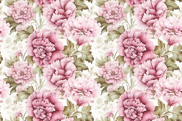 Elegant pink and green floral illustrations on a clean white canvas. Seamless repeatable background.