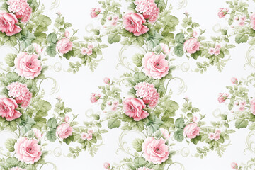 Elegant Pink and Green Floral Illustrations on White. Seamless Repeatable Background.