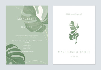 White and green greenery Monstera leaves wedding invitation