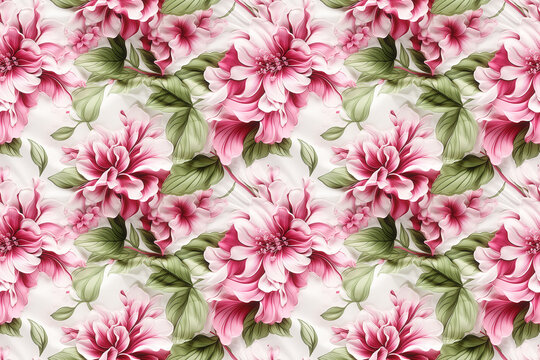 Graceful pink and green florals in an ornate style, beautifully contrasting against a pristine white canvas. Seamless repeatable background.