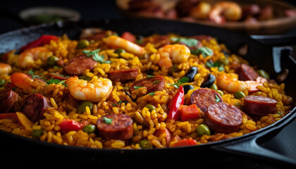 Freshly cooked paella with seafood, meat, and vegetables, ready to eat generative AI