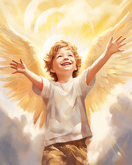 Happy little baby angel flying in sky. Angelic boy with wings. Fairy tale book character. Religious symbol. Holiday greeting card - obrazy, fototapety, plakaty