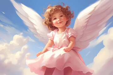 Happy little baby angel flying in sky. Angelic girl with wings. Fairy tale book character....