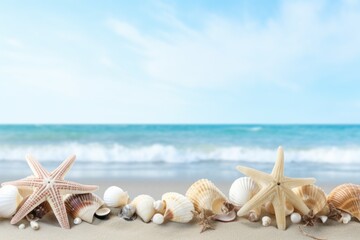 Fototapeta na wymiar Beachcomber's delight: Varied seashells and starfish arranged on sandy shores.