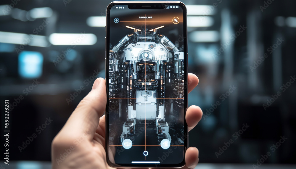 Poster men working with robotic arms in futuristic electronics industry factory generative ai