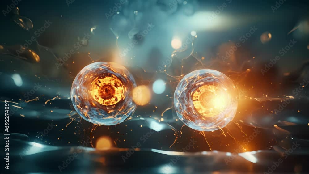 Poster closeup of two protons colliding and creating a burst of energy, revealing the formation of strange 