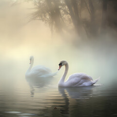 Swans gracefully gliding across a misty pond