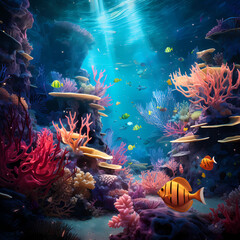 Underwater scenes with vibrant coral reefs and marine life