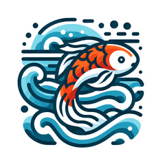 A vector icon in a minimalistic style depicting an orange and white koi fish swimming among blue waves. The design uses simple and clean lines and shapes to represent the waves and the fish, with mini