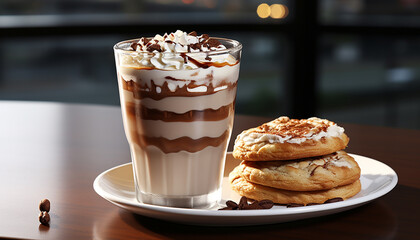 Freshly baked pancakes with whipped cream and chocolate syrup on top generated by AI