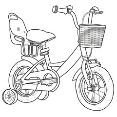 4-wheel bicycle with a pillion seat and basket for kids. Healthy equipment for sport and recreation, flat vector isolated on a white background