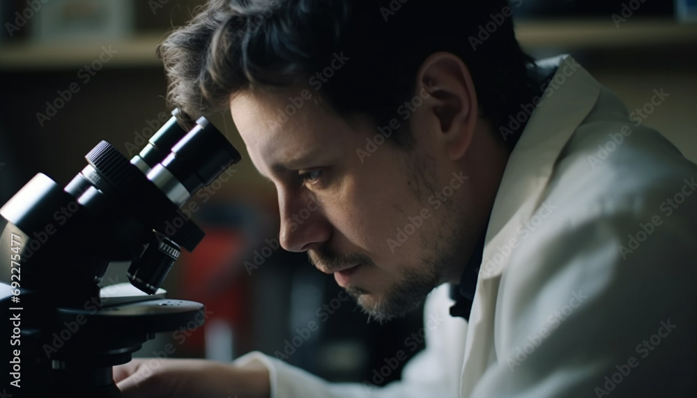 Poster caucasian scientist examining microscope, analyzing scientific experiment indoors with equipment gen