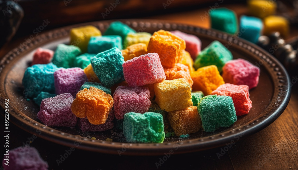 Poster heap of colorful candy and sweets on wooden table background generative ai