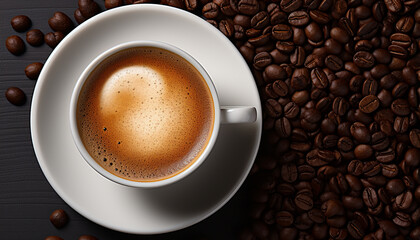 Fototapeta premium Freshly brewed coffee in a black cup, frothy and aromatic generated by AI
