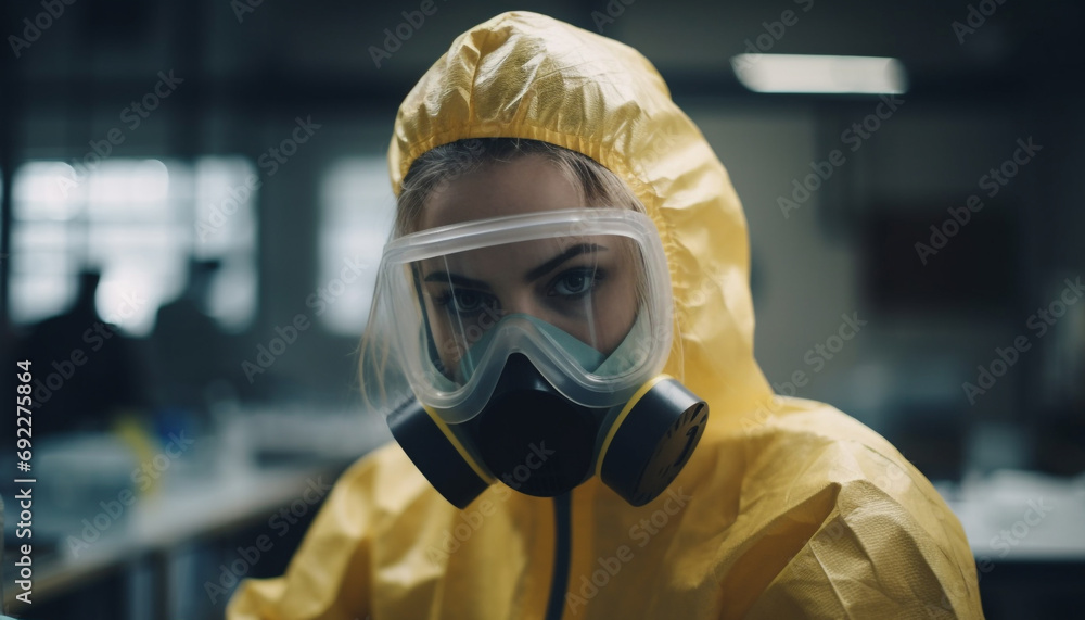 Poster one scientist in protective workwear analyzing dangerous bacterium in laboratory generative ai