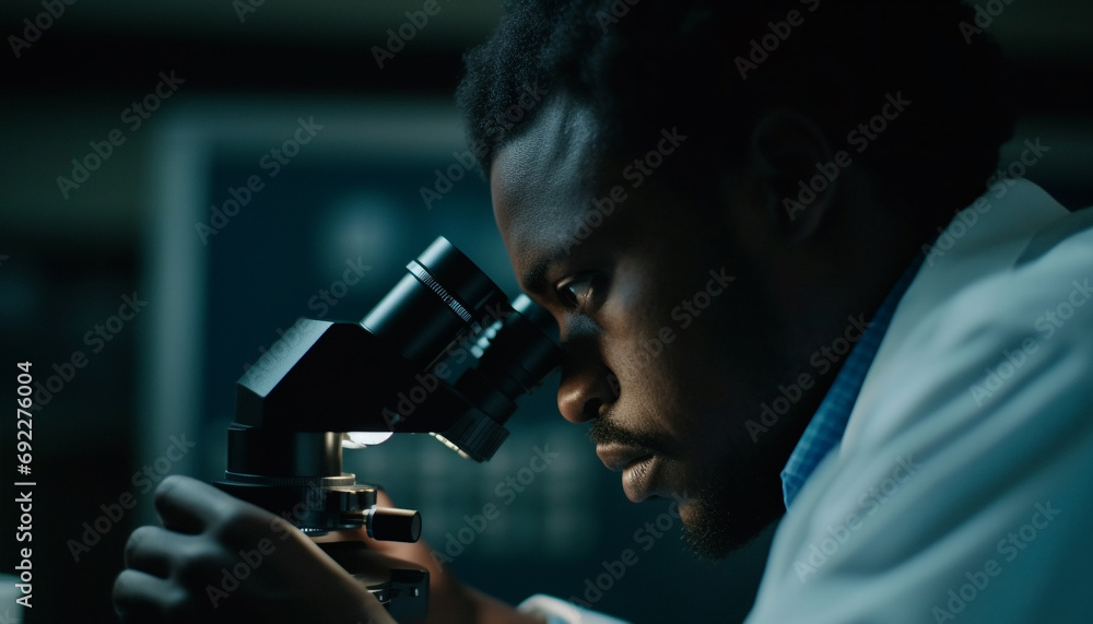 Poster scientist examining biochemistry with microscope, selective focus and magnification generative ai