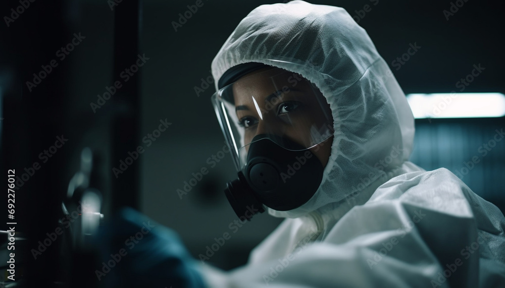 Poster one scientist in protective workwear analyzing bacterium in laboratory generative ai