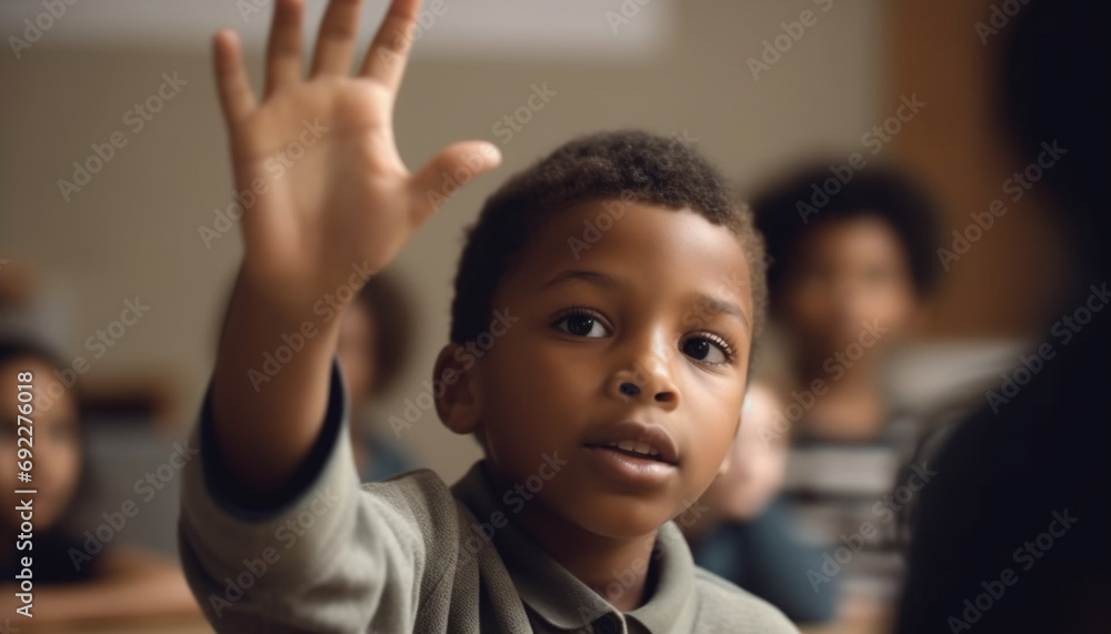Poster smiling school children studying together in a cheerful classroom generative ai
