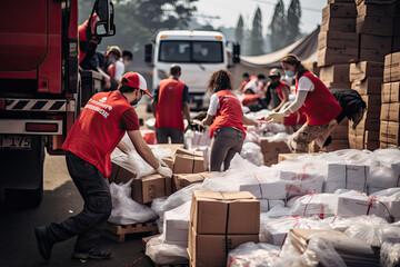 volunteers brought humanitarian aid to the victims - obrazy, fototapety, plakaty