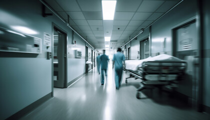 Fototapeta na wymiar Blurred motion of men walking through modern hospital corridor generative AI