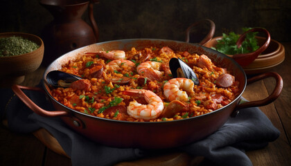 Fototapeta premium Fresh seafood paella cooked with saffron, prawns, and mussels generative AI