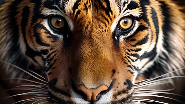 Closeup of the mesmerizing, unblinking stare of a tiger, its amber eyes reflecting a mix of strength and intelligence.