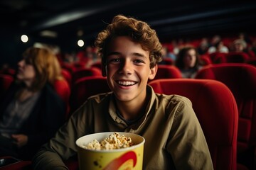 Low angle portrait of a handsome young man eating popcorn smiling to the camera relaxing watching a movie at the local cinema copyspace leisure people youth lifestyle entertainment weekend activity