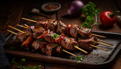 Grilled skewered meat, pork and beef, gourmet meal on wood generative AI