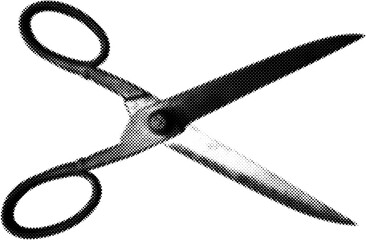 Scissors in halftone dots texture, isolated black and white vector design element