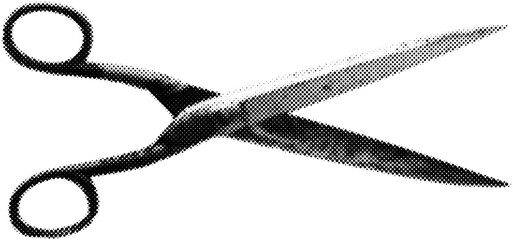 Scissors in halftone dots texture, isolated black and white vector design element