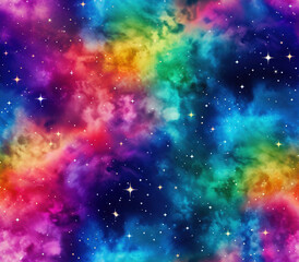 seamless pattern in A breathtaking view of a spiral galaxy ablaze with color. The nebulae and star clusters within the galaxy glow in all the hues of the rainbow - obrazy, fototapety, plakaty