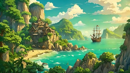 lush green island Pirate Haven surrounded vibrant blue waters, creating picturesque paradise notorious residents. towering mountain stands prominently center island, with 2d animation