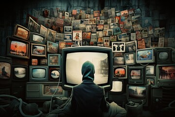 A lone observer stands amid a collage of antique televisions, symbolizing the overwhelming flood of historical media narratives - obrazy, fototapety, plakaty