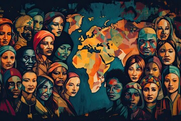 Artistic representation of women from various cultures superimposed on a colorful world map, symbolizing global diversity. - obrazy, fototapety, plakaty