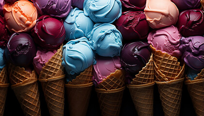 A colorful collection of ice cream cones, a sweet indulgence generated by AI - obrazy, fototapety, plakaty