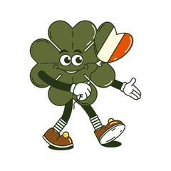 Happy Saint Patricks Day retro sticker. Funky groovy cartoon character walking clover with four leaf. Vintage funny mascot patch psychedelic smile and emotion. Comic trendy vector illustration