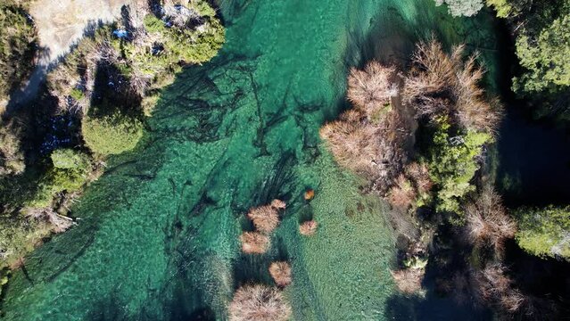 Crystal clear river water in Argentina, aerial top down view
