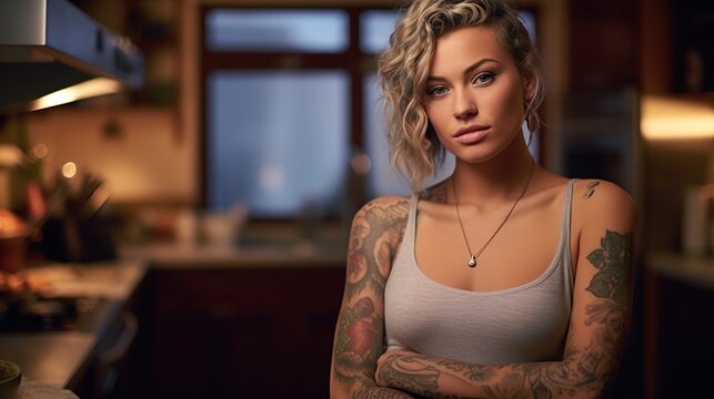 Portrait of a trendy woman with tattooes 