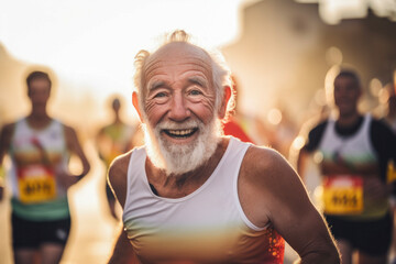Fototapeta na wymiar Enthusiastic mature runner in a city marathon, expressing sheer excitement, golden hour lighting.