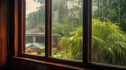 View from Window with rain drops on rainy day 