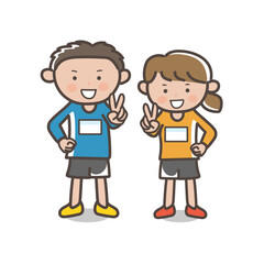 ピースをしてポーズを取る男性と女性のマラソンランナーのイラスト