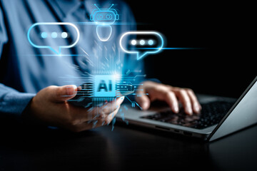 Businesswomen using smartphone chatbot conversation application, Artificial intelligence digital online and automation software technology, the virtual assistant on communication internet.