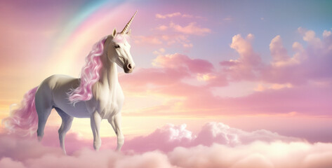 Fantasy landscape featuring a mythical unicorn in a surreal cloudscape at dusk