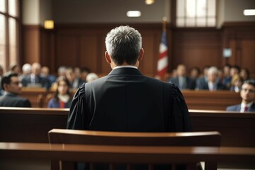 view from behind of a judge at the courtroom wearing a robe with many people in font of him. - Powered by Adobe