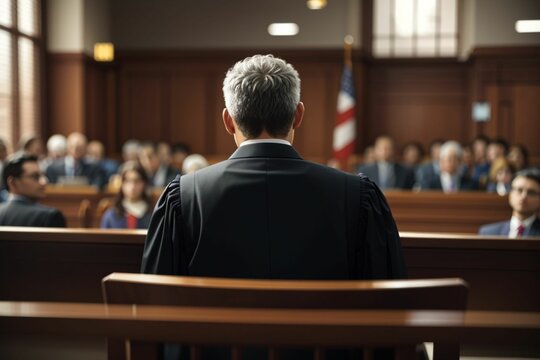 view from behind of a judge at the courtroom wearing a robe with many people in font of him.