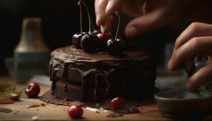 Fototapeta na wymiar Indulgent homemade chocolate berry pie on fresh fruit plate generated by AI