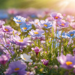 flower field in sunlight spring or summer garden background