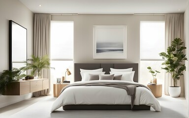 A minimalist bedroom oasis, where neutral tones and soothing textures create a calming atmosphere.