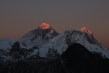 Last sunlight of the day touching Mount Everest and Lhotse, Nepal.
