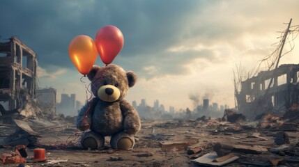stuffed animal with balloons of a child abandoned by war in a destroyed city - obrazy, fototapety, plakaty